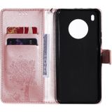 For Huawei Y9a Tree & Cat Pattern Pressed Printing Horizontal Flip PU Leather Case with Holder & Card Slots & Wallet & Lanyard(Rose Gold)