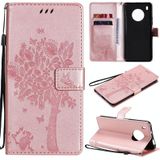 For Huawei Y9a Tree & Cat Pattern Pressed Printing Horizontal Flip PU Leather Case with Holder & Card Slots & Wallet & Lanyard(Rose Gold)