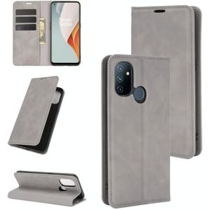 For OnePlus Nord N100 Retro-skin Business Magnetic Suction Leather Case with Holder & Card Slots & Wallet(Grey)