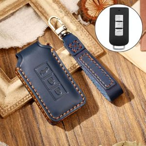 Hallmo Car Cowhide Leather Key Protective Cover Key Case for Mitsubishi Outlander (Blue)