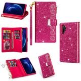 For Samsung Galaxy Note10+ Multi-card Slots Starry Sky Laser Carving Glitter Zipper Horizontal Flip Leather Case with Holder & Wallet & Lanyard(Rose Red)