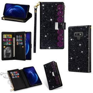 For Samsung Galaxy Note9 Multi-card Slots Starry Sky Laser Carving Glitter Zipper Horizontal Flip Leather Case with Holder & Wallet & Lanyard(Black)