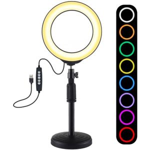 PULUZ 6.2 inch 16cm USB 10 Modes 8 Colors RGBW Dimmable LED Ring Vlogging Photography Video Lights + Round Base Desktop Mount with Cold Shoe Tripod Ball Head (Black)