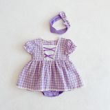 Girls Small Plaid Lace One-piece Romper And Skirt Romper (Color:Purple Size:100)