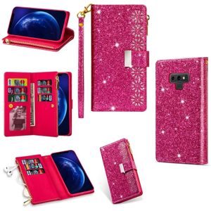 For Samsung Galaxy Note9 Multi-card Slots Starry Sky Laser Carving Glitter Zipper Horizontal Flip Leather Case with Holder & Wallet & Lanyard(Rose Red)