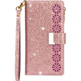 For Samsung Galaxy Note9 Multi-card Slots Starry Sky Laser Carving Glitter Zipper Horizontal Flip Leather Case with Holder & Wallet & Lanyard(Rose Gold)