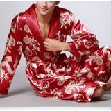 Men's Long Paragraph Silk Pajamas (Color:Burgundy Size:XL)