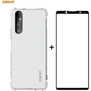For Sony Xperia 5 II Hat-Prince ENKAY Clear TPU Shockproof Case Soft Anti-slip Cover + 0.26mm 9H 2.5D Full Glue Full Coverage Tempered Glass Protector Film