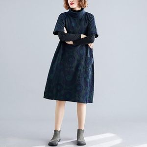 Large Size Fat Sister Loose And Thin Mid-length Print High Neck Dress (Color:Navy Blue Size:Free Size)