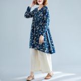 Retro Print Plus Size Cotton And Linen Dress Loose V-neck Skirt (Color:Blue Size:L)