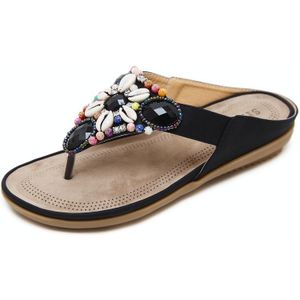 Ladies Summer Bohemian Sandals Seaside Retro Beaded Shell Slippers  Size: 35(Black)