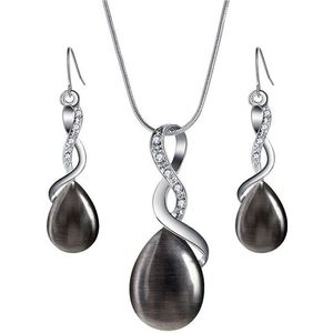 Women Fashion Opal Water Drop Necklace Pendant Earrings Bridal Wedding Jewelry Sets(Black)