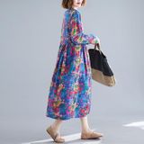 Loose Mid-length Ethnic Style Womens Long-sleeved Printed Cotton And Linen Dress (Color:Rose Red Size:XXL)