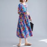 Loose Mid-length Ethnic Style Womens Long-sleeved Printed Cotton And Linen Dress (Color:Rose Red Size:XXL)