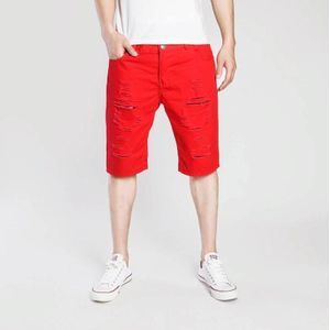 Summer Casual Ripped Denim Shorts for Men (Color:Red Size:XXL)