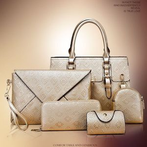 5 in 1 Diamond Texture PU Shoulder Bag Printed Flower Ladies Handbag Messenger Bag (Gold)