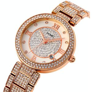 SKMEI 1739 Diamond Romeinse cijfers ronde wijzerplaat Quartz horloge voor dames (rose goud)