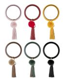 2 PCS Fringed Bracelet Keychain Circle Anti-Lost PU Leather Hairball Bracelet Keyring Pendant(Yellow)