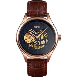 SKMEI 9209 Men Business Automatic Mechanical Watch Round Hollow Dial Leather Watchband Watch(Rose Gold Black)