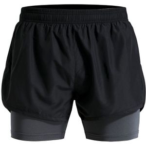 Men Fake Two-piece Sports Stretch Shorts (Color:Black Gray Size:XXXL)