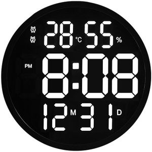 6620 12 inch LED eenvoudige wandklok woonkamer ronde stille digitale temperatuur en vochtigheid elektronische klok (zwart frame US Plug)