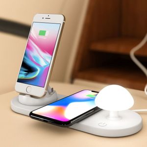 HQ-UD11 10W 4 in 1 8 Pin + Micro USB + USB-C / Type-C + Wireless Charger Mobile Phone Fast Charger with Mushroom LED Light & Mobile Phone Stand Holder  Length: 1.2m(White)