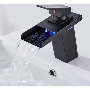 LED Three Lights Hot Cold Water Faucet Bathroom Waterfall Faucet CN Plug(Black)