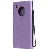 For Huawei Y9a Tree & Cat Pattern Pressed Printing Horizontal Flip PU Leather Case with Holder & Card Slots & Wallet & Lanyard(Light Purple)