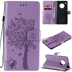 For Huawei Y9a Tree & Cat Pattern Pressed Printing Horizontal Flip PU Leather Case with Holder & Card Slots & Wallet & Lanyard(Light Purple)