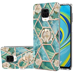 of Xiaomi Redmi Note 9S / Redmi Note 9 Pro / Redmi Note 9 Pro Max Electroplating Splicing Marmeren Bloempatroon TPU Schokbestendig Case met Rhinestone Ringhouder (Blauwe Bloem)