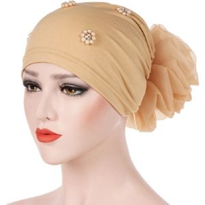 Women Personality Rear Flower Decoration Turban Hat Beaded Hooded Cap  Size:M (56-58cm)(Khaki)