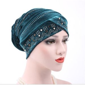 Pleuche Rhinestone Turban Hat Stacking Hat  Size:Adjustable(Denim Blue)