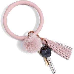 2 PCS Fringed Bracelet Keychain Circle Anti-Lost PU Leather Hairball Bracelet Keyring Pendant( Pink)