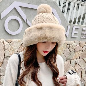 Autumn and Winter Ladies Cotton and Cashmere Skullcap Three Fur Balls Cute Plus Velvet Thickening  Pure Color Knitted Hat  Size: Free Size(Beige)