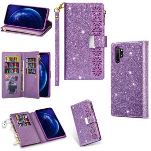 For Samsung Galaxy Note10 Multi-card Slots Starry Sky Laser Carving Glitter Zipper Horizontal Flip Leather Case with Holder & Wallet & Lanyard(Purple)