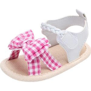 Bow Plaid Soft Weave Crib Anti-Slip Baby Girls Zomerschoenen Anti-Slip Single Sandalen  Maat:11 (Roze)