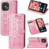 Cute Cat and Dog Embossed Horizontal Flip Leather Case with Holder & Card Slots & Wallet & Lanyard For iPhone 13 Pro(Pink)