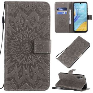 For Huawei Enjoy 10e Pressed Printing Sunflower Pattern Horizontal Flip PU Leather Case with Holder & Card Slots & Wallet & Lanyard(Grey)