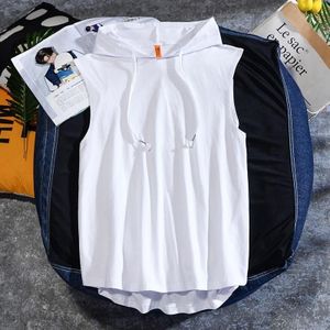 Casual Sleeveless T-shirt Hooded Vest Loose Cotton Waistcoat Sports Vest (Color:White Size:L)