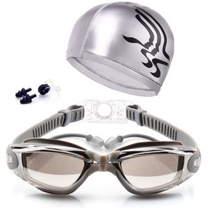 High-definition Waterproof Fogproof Swimming Goggles with Swimming Cap (Silver)