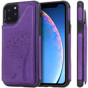 For iPhone 11 Pro Cat Tree Embossing Pattern Shockproof Protective Case with Card Slots & Photo Frame & Holder(Purple)
