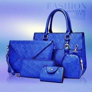 5 in 1 Diamond Texture PU Shoulder Bag Printed Flower Ladies Handbag Messenger Bag (Blue)