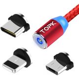 TOPK 2m 2.4A Max USB to 8 Pin + USB-C / Type-C + Micro USB Nylon Braided Magnetic Charging Cable with LED Indicator(Red)
