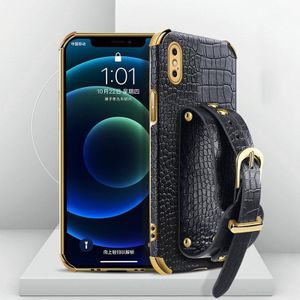 Electroplated TPU Crocodile Pattern Leather Case with Wrist Strap For iPhone XS Max(Black)