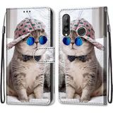 For Huawei P30 Lite Coloured Drawing Cross Texture Horizontal Flip PU Leather Case with Holder & Card Slots & Wallet & Lanyard(B20 Slant Hat Blue Mirror Cat)