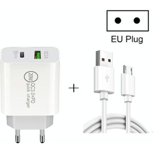 20W PD Type-C + QC 3.0 USB Interface Fast Charging Travel Charger with USB to Micro USB Fast Charge Data Cable EU Plug