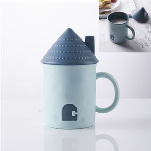 3 PCS Children Creative Small House Mouth Cup with Lid Dustproof Student Dormitory Drinking Cup Home Couple Cup(Light Blue)