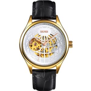 SKMEI 9209 Men Business Automatic Mechanical Watch Round Hollow Dial Leather Watchband Watch(Golden Silver)