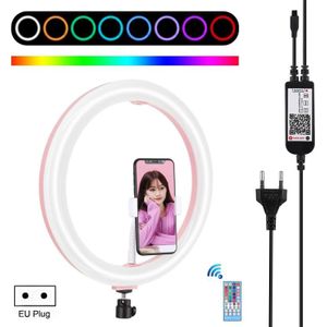 PULUZ 12 inch RGB Dimmable LED Ring Vlogging Selfie Photography Video Lights with Cold Shoe Tripod Ball Head & Phone Clamp (Pink)(EU Plug)