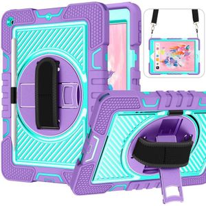 360 Degree Rotation Contrast Color Shockproof Silicone + PC Case with Holder & Hand Grip Strap & Shoulder Strap For iPad 10.2 2020 / 2019 (Purple + Mint Green)